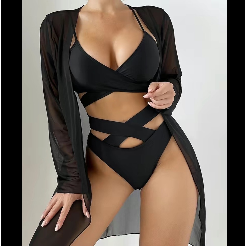 Black Criss-Cross Strap 3pc Bikini Cover-Up Set